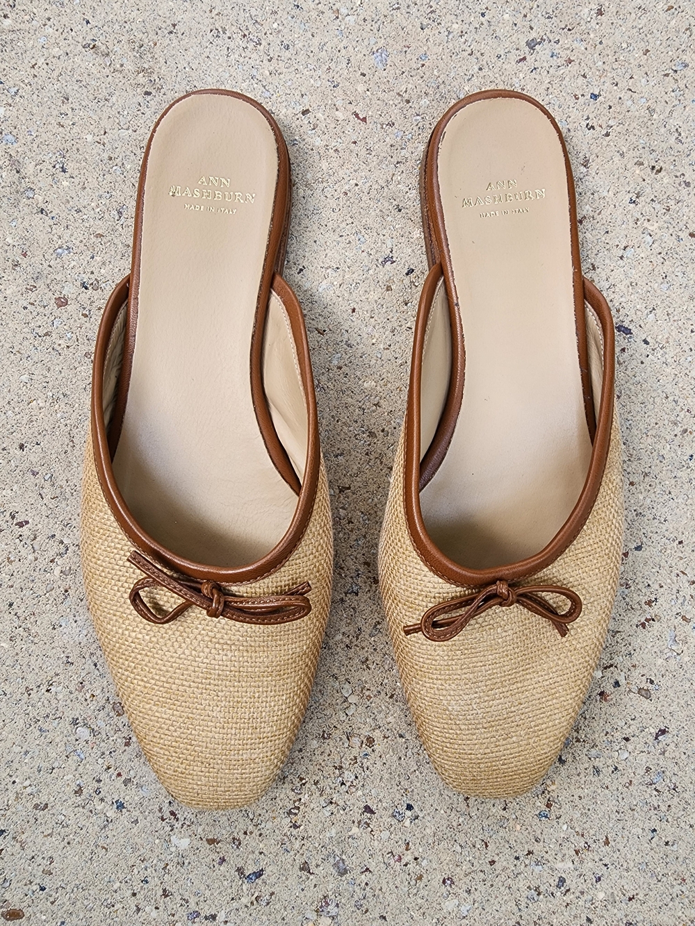 Ann Mashburn Tan Raffia Slide Mules with Brown Trim